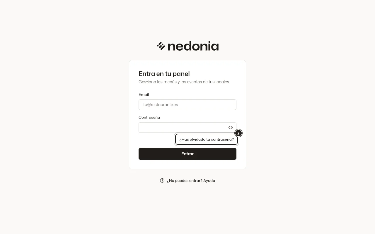 La pantalla «Entra en tu panel», con el enlace «¿Has olvidado tu contraseña?» marcado. Datos de ejemplo.