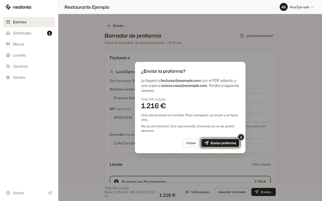 El diálogo «¿Enviar la proforma?» con a quién llega, el total y el aviso de que no es una factura. Datos de ejemplo.