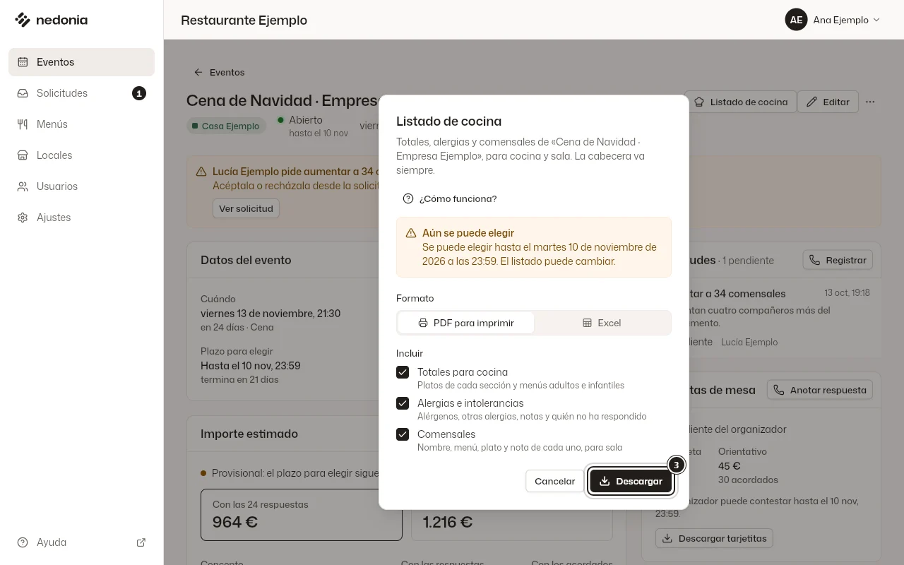 El diálogo «Listado de cocina» con el formato, los bloques que incluye y el botón «Descargar» marcado. Datos de ejemplo.