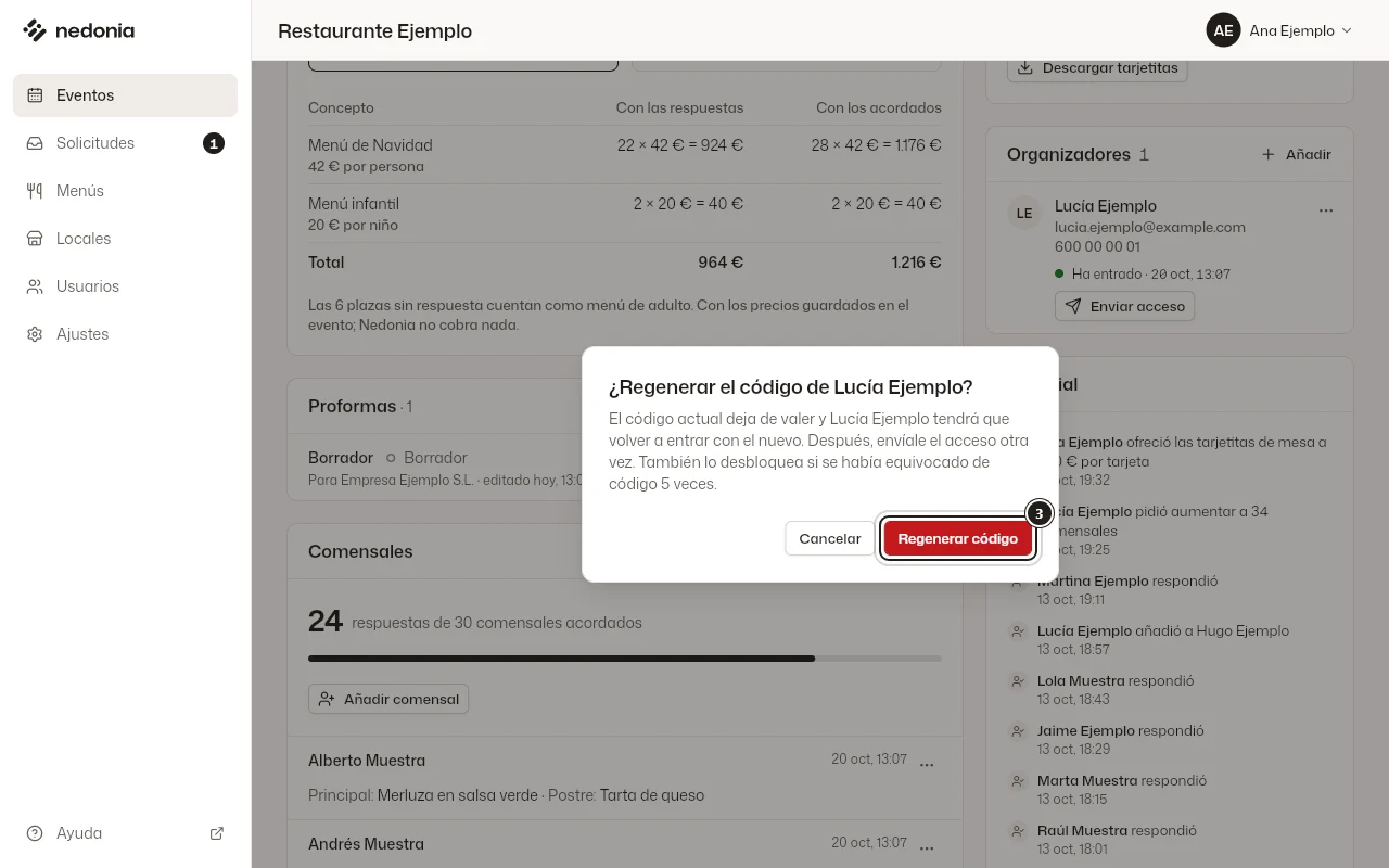 El diálogo «¿Regenerar el código?» con el botón «Regenerar código» marcado. Datos de ejemplo.