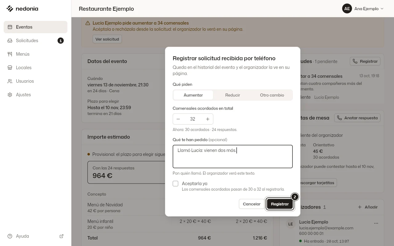 El diálogo «Registrar solicitud recibida por teléfono» relleno, con el botón para registrarla marcado. Datos de ejemplo.