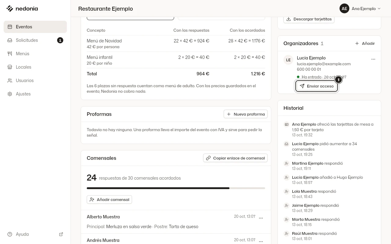 El detalle de un evento con la tarjeta «Organizadores» y el botón «Enviar acceso» marcado. Datos de ejemplo.