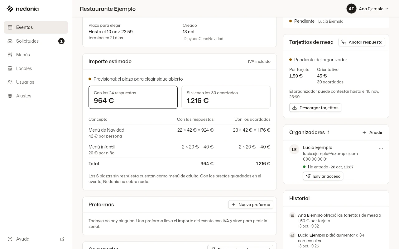 La tarjeta «Importe estimado» con el plazo abierto: con las respuestas y si vienen los acordados. Datos de ejemplo.