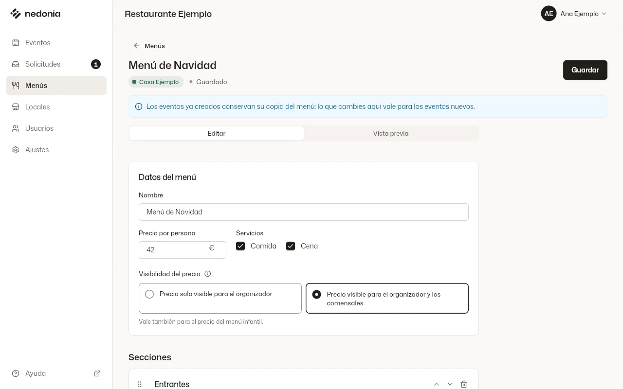 El constructor de menús con una sección incluida para todos, una en la que cada comensal elige y la vista previa del comensal. Datos de ejemplo.