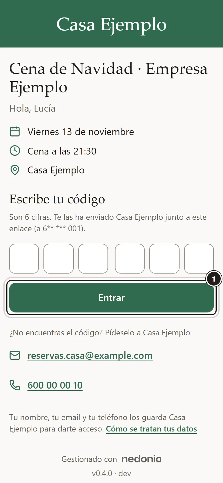 La página del organizador pidiendo el código de 6 cifras, con el botón «Entrar» marcado. Datos de ejemplo.