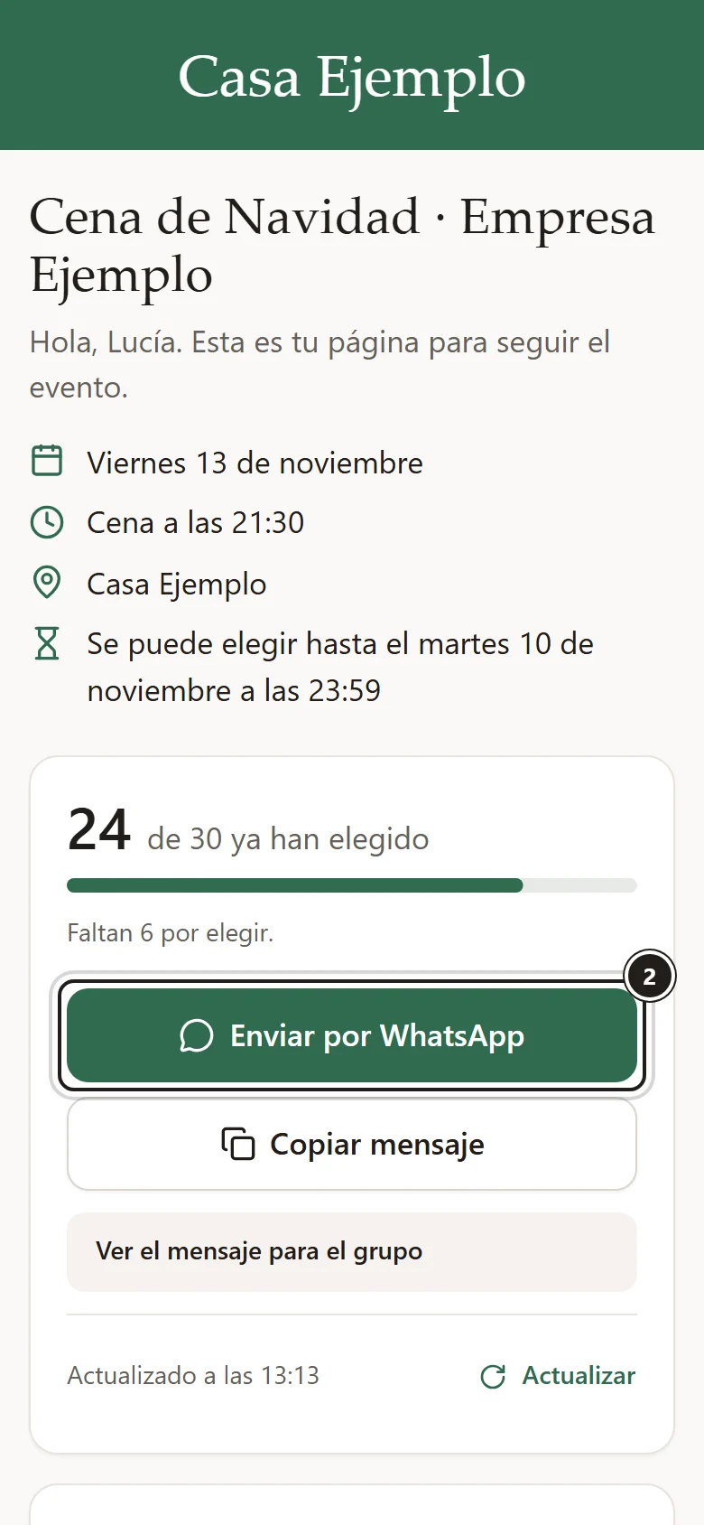La página del organizador con cuántos han elegido y el botón «Enviar por WhatsApp» marcado. Datos de ejemplo.