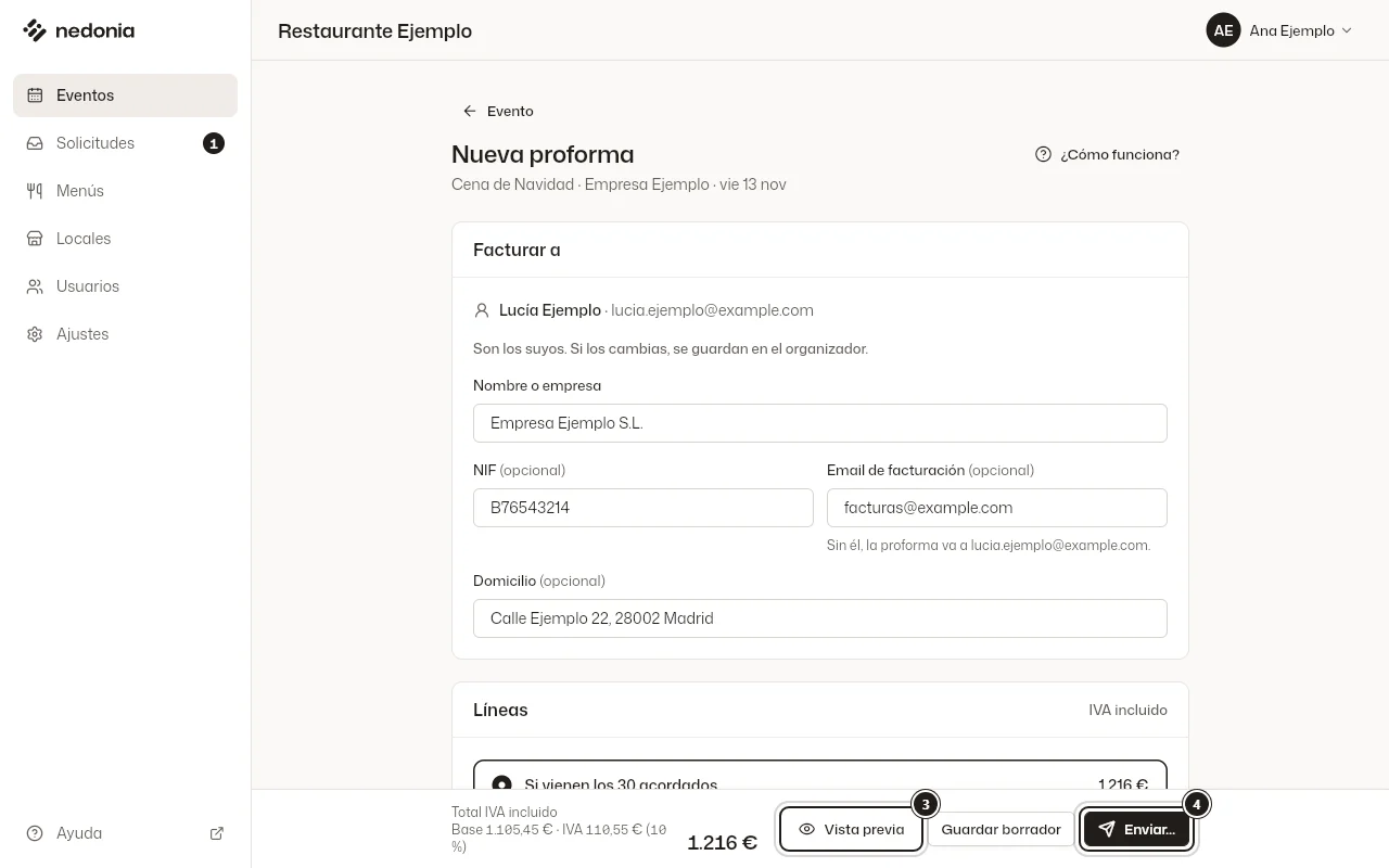 El editor de la proforma, con «Facturar a», las líneas y la barra de abajo con «Vista previa» y «Enviar…» marcados. Datos de ejemplo.